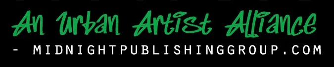 “An Urban Artist Alliance” in green graffiti lettering, over midnightpublishinggroup.com